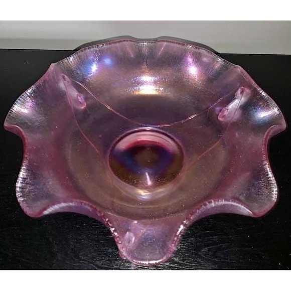 Vintage Fenton Pink Iridescent Stretch Glass Bowl with Dolphin/Koi Handles9.5